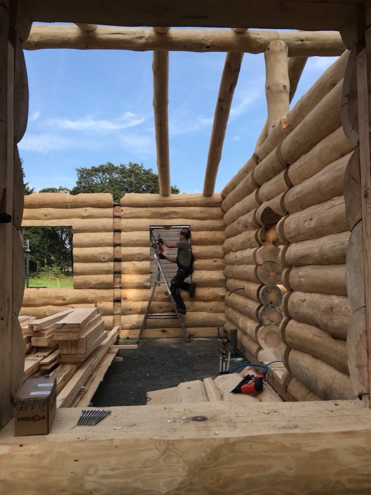 De wanden van boomstammen in opbouw
