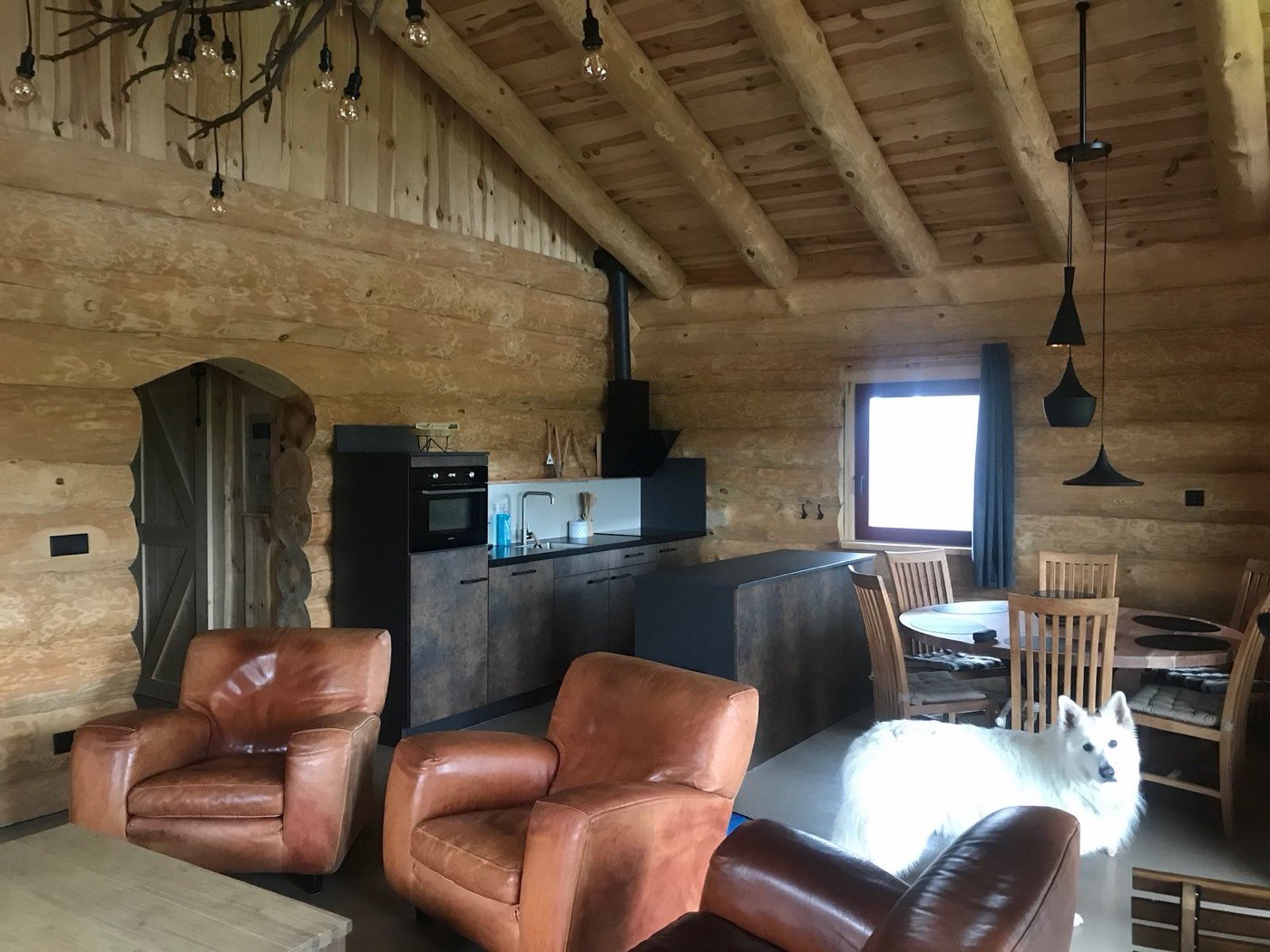 Lederen fauteuils met de keuken en eettafel op de achtergrond